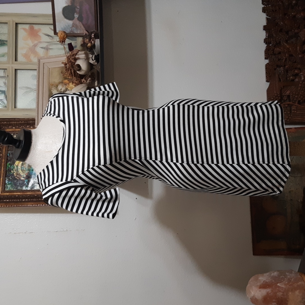 Womens Dress Sz Small Form Fit  black white striped Zipper Back Shortsleeve LUSH